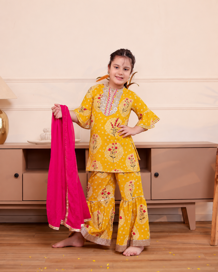 Girls Mustard Yellow Floral Printed Kurti & Sharara Set with Dupatta (Set of 3)