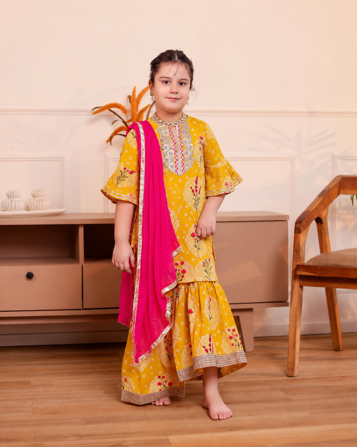 Girls Mustard Yellow Floral Printed Kurti & Sharara Set with Dupatta (Set of 3)