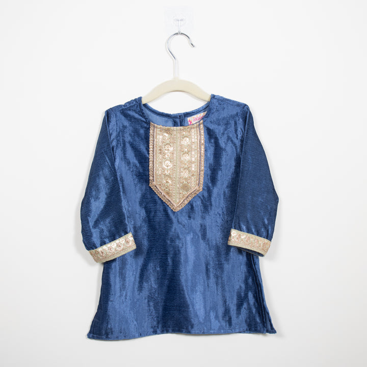 GIRLS BLUE VELVET KURTI WITH BLUE VELVET SALWAR AND DUPATTA (SET OF 3)