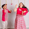 BOYS PINK FLORAL SIDE BUTTON KURTA WITH PAJAMA (SET OF 2) + GIRLS PINK FLORAL LEHENGA WITH FUCHSIA TOP AND DUPATTA (SET OF 3)