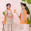 BOYS ORANGE GREY FLORAL JACKET WITH ORANGE KURTA AND PAJAMA (SET OF 3) + GIRLS ORANGE GREY MUGHAL BUTA LEHENGA WITH YOKE TOP AND DUPATTA (SET OF 3)