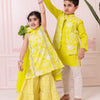 BOYS LIME GREEN FLORAL JACKET WITH LIME GREEN KURTA AND PAJAMA (SET OF 3) + GIRLS LIME GREEN FLORAL KURTI WITH GREEN LEHERIYA SHARARA AND DUPATTA (SET OF3)