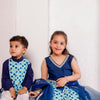 BOYS BLUE FLORAL SIDE BUTTON KURTA WITH PAJAMA (SET OF 2) + GIRLS BLUE FLORAL LEHENGA WITH BLUE TOP AND DUPATTA (SET OF 3)