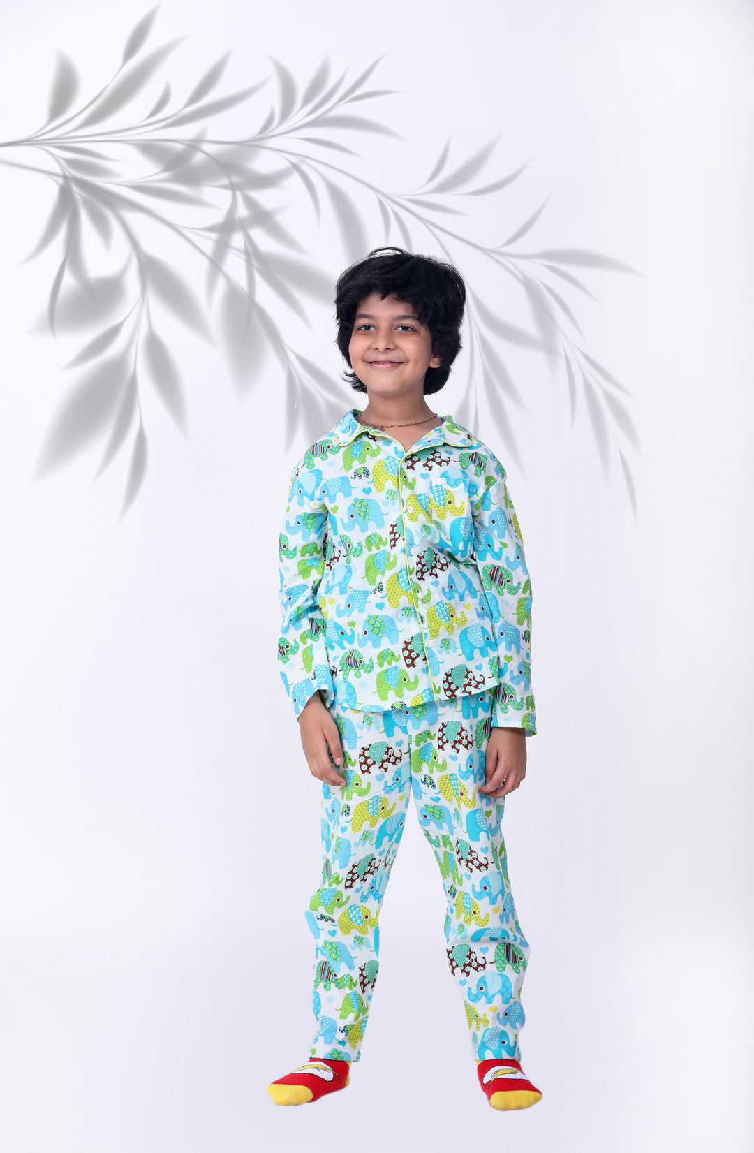 GREEN BLUE ELEPHANT PRINT NIGHT SUIT (SET OF 2) - Amber Jaipur - Designer Clothes Online India