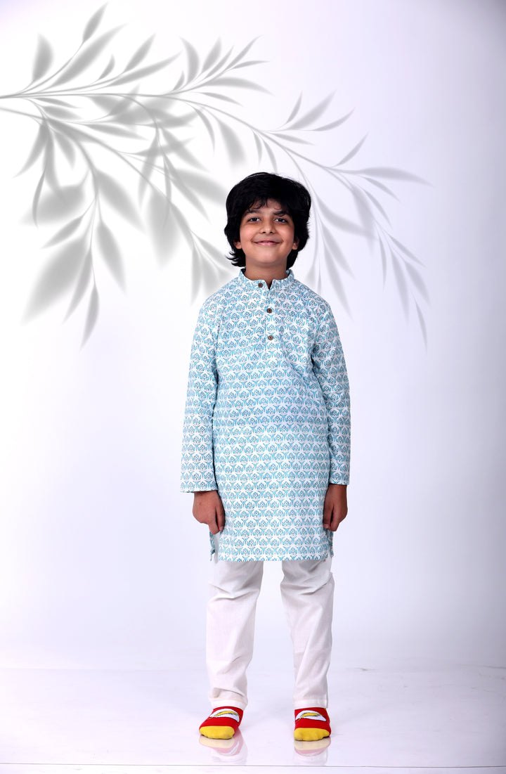 SUMMERY BLUE BUTI KURTA WITH PAJAMA (SET OF 2) - Amber Jaipur - Designer Clothes Online India