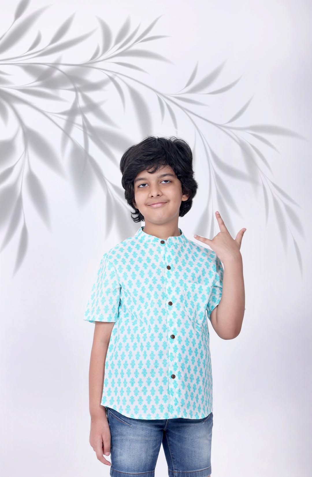 Boys Bright Turcoise Buti Chinese Collared Shirt - Amber Jaipur - Designer Clothes Online India