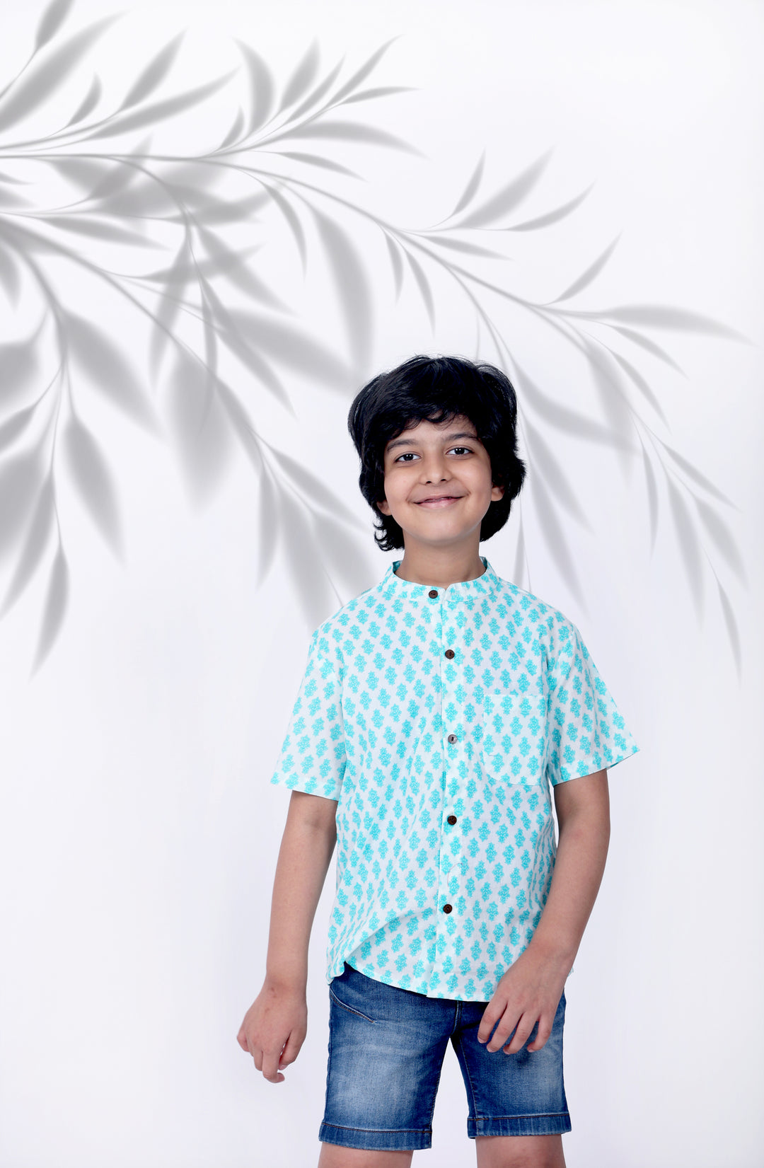 Boys Bright Turcoise Buti Chinese Collared Shirt - Amber Jaipur - Designer Clothes Online India