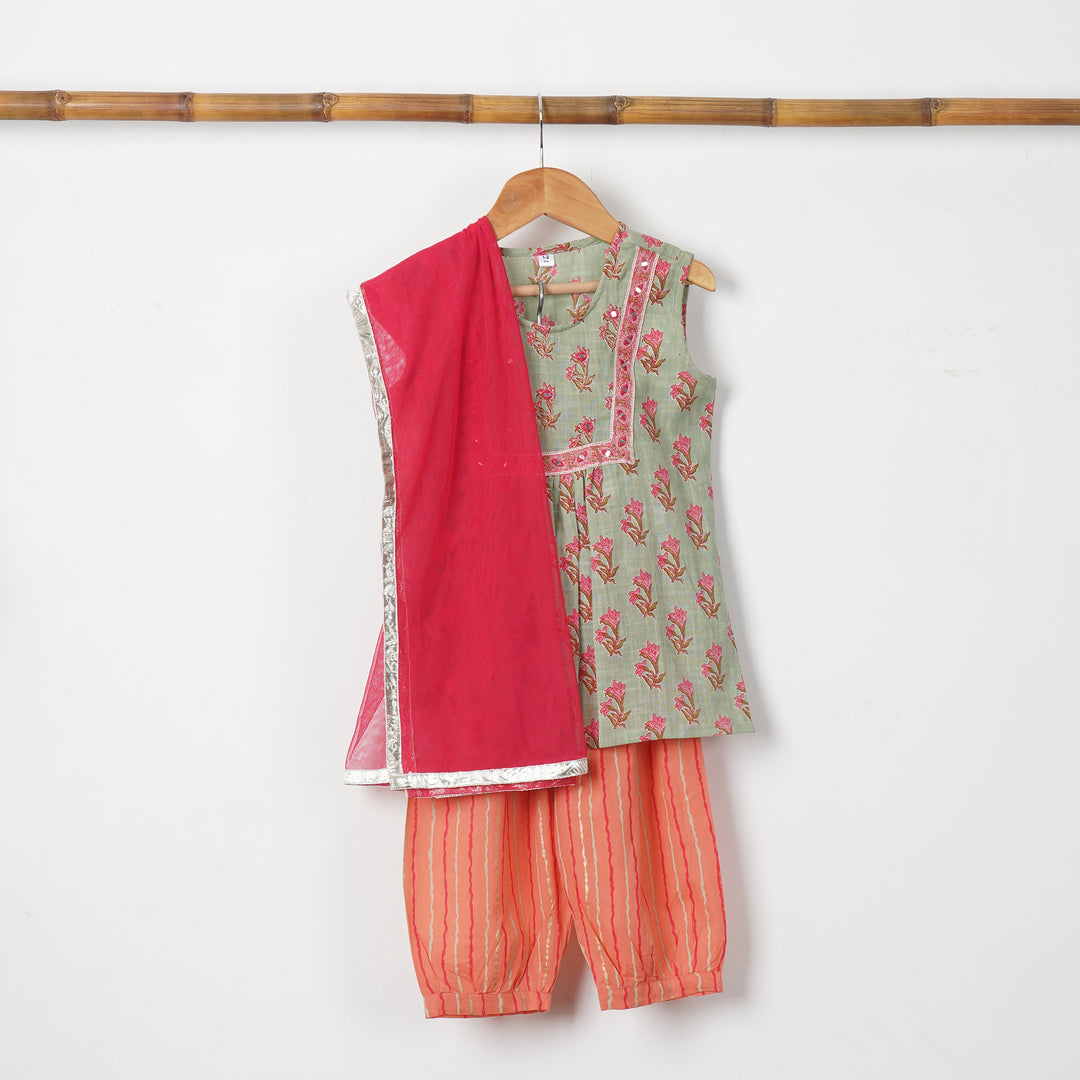 Green Floral Embroidered Kurti with Orange Afghani Salwar and Dupatta - Amber Jaipur - Designer Clothes Online India