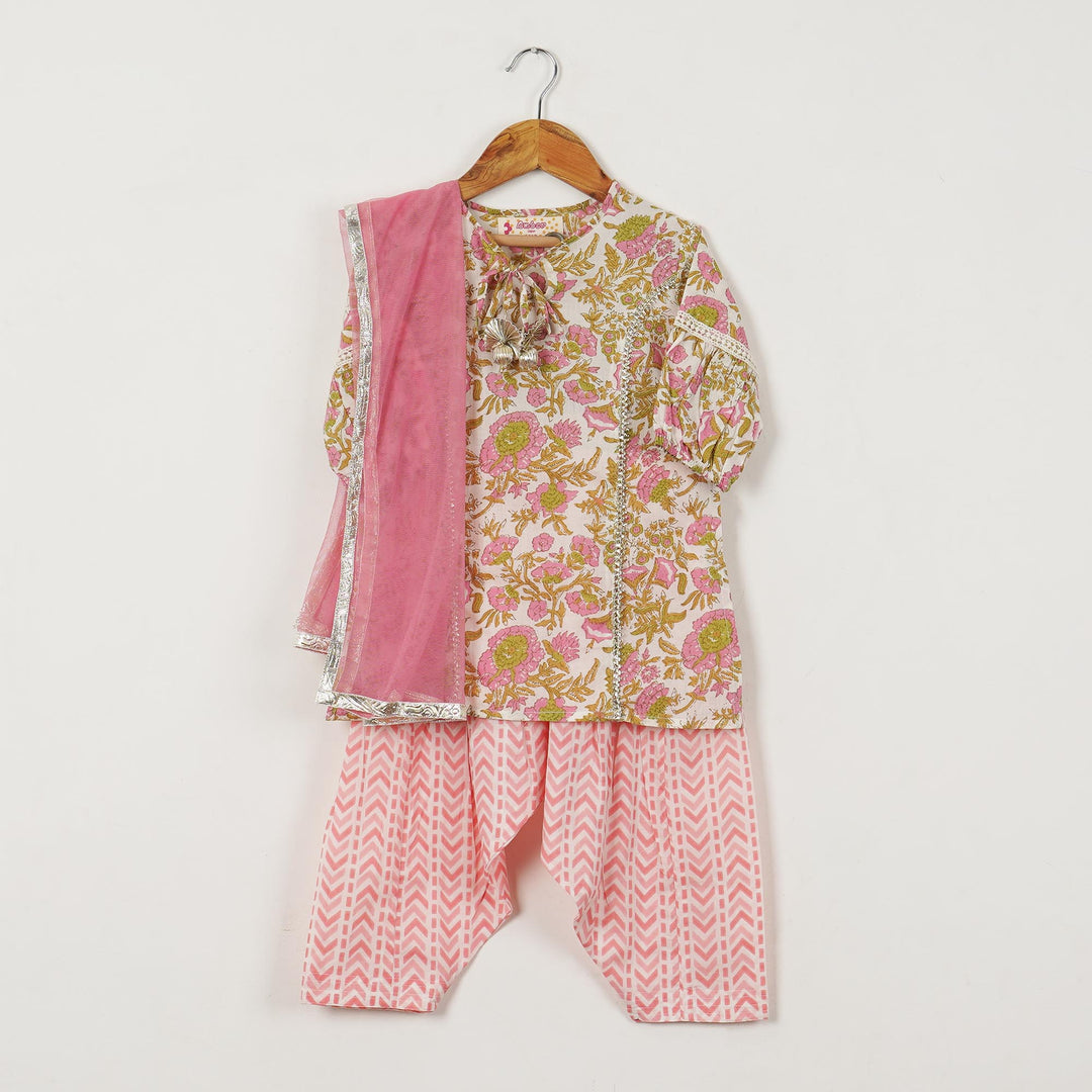 PINK FLORAL KURTI WITH PINK SALWAR AND DUPATTA (SET OF 3) - Amber Jaipur - Designer Clothes Online India