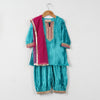 GIRLS AQUA BLUE VELVET KURTI WITH BLUE VELVET SALWAR AND DUPATTA (SET OF 3)