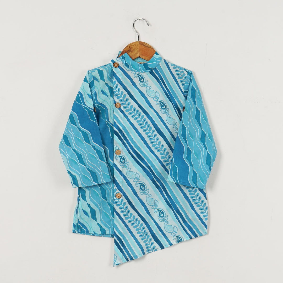 BOYS BLUE LEHERIYA SIDE BUTTON KURTA WITH PAJAMA (SET OF 2) - Amber Jaipur - Designer Clothes Online India