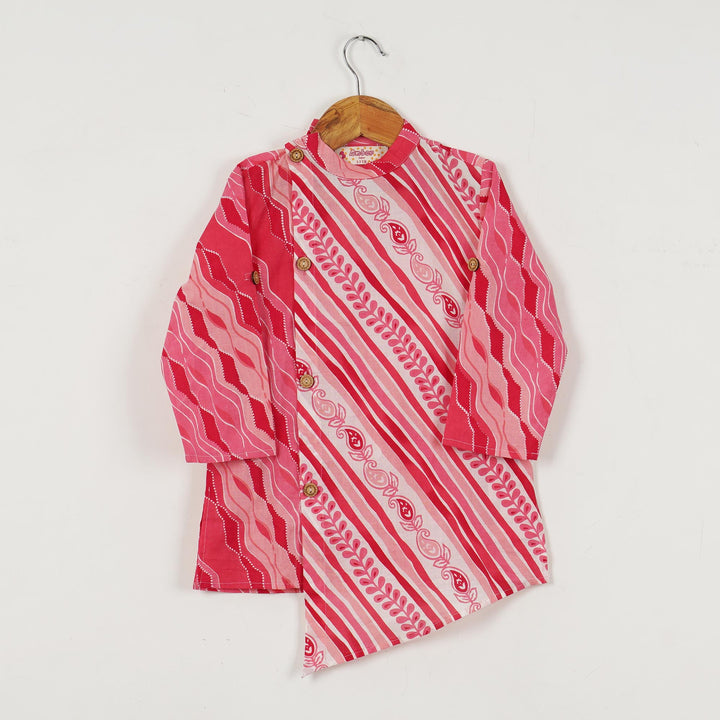 BOYS RED AND PINK LEHERIYA SIDE BUTTON KURTA WITH PAJAMA (SET OF 2) - Amber Jaipur - Designer Clothes Online India
