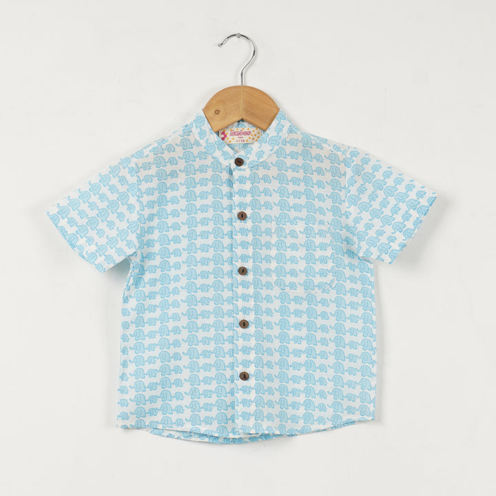 Boys Sky Blue Elephant Chinese Collared Shirt - Amber Jaipur - Designer Clothes Online India