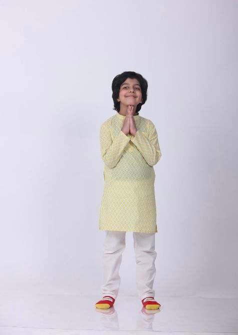 GEOMETRIC LIME KURTA WITH PAJAMA (SET OF 2) - Amber Jaipur - Designer Clothes Online India