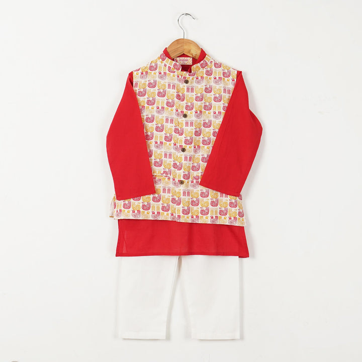 BOYS RED KURTA WITH RED ORANGE BIRD PRINT JACKET AND OFF WHITE PAJAMA (SET OF 3) - Amber Jaipur - Designer Clothes Online India