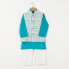 BOYS BLUE KURTA WITH BLUE GREY BIRD PRINT JACKET AND OFF WHITE PAJAMA (SET OF 3)