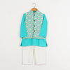BOYS BLUE KURTA WITH BLUE GOLD PRINT FLORAL JACKET AND OFF WHITE PAJAMA (SET OF 3)