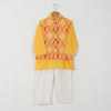BOYS  YELLOW COTTON KURTA WITH YELLOW FLORAL JACKET AND OFF WHITE PAJAMA (SET OF 3)