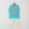BOYS BLUE KATHA KURTA WITH BLUE BUTI JACKET AND OFF WHITE PAJAMA (SET OF 3)