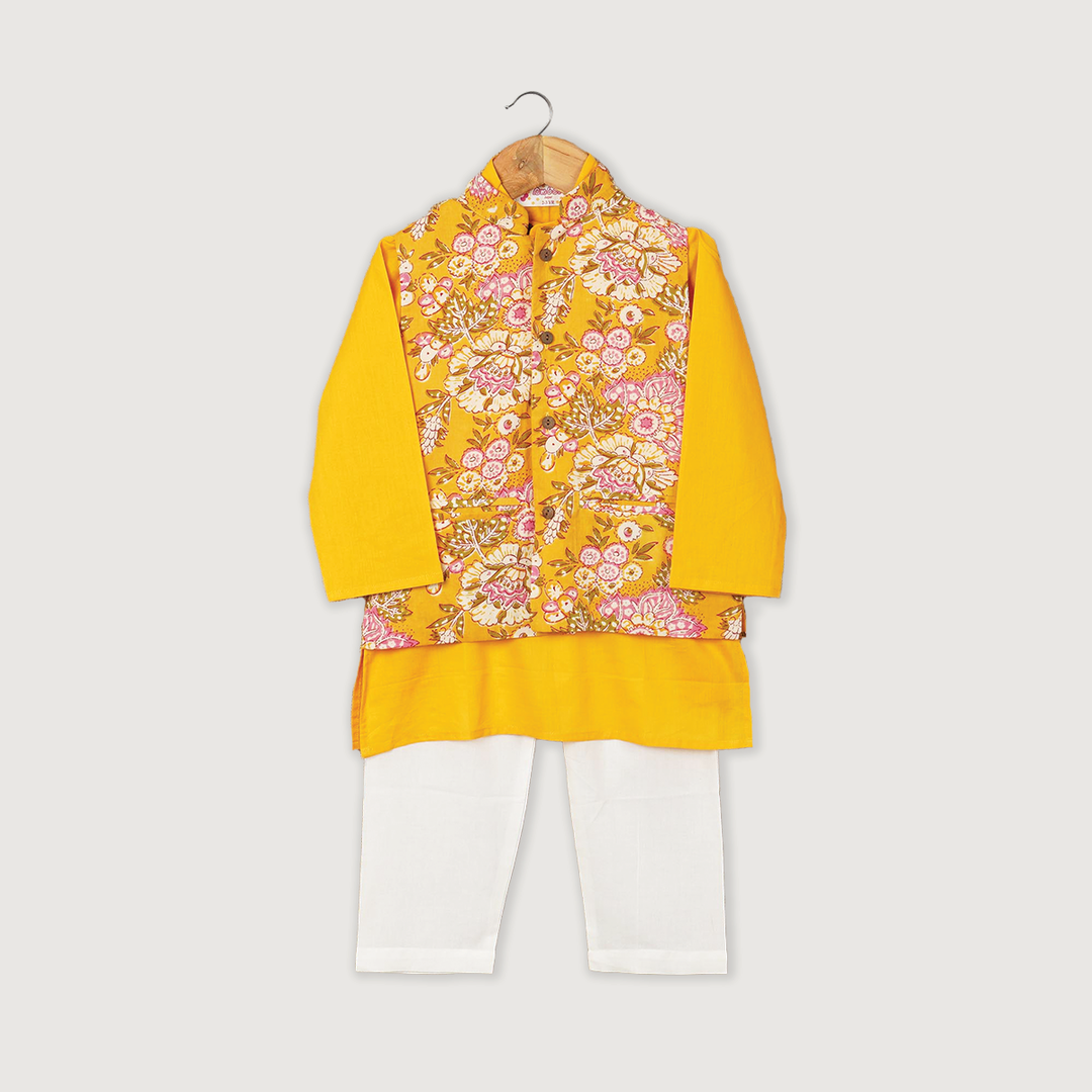 BOYS YELLOW KURTA WITH YELLOW FLORAL JACKET AND OFF WHITE PAJAMA (SET OF 3) - Amber Jaipur - Designer Clothes Online India