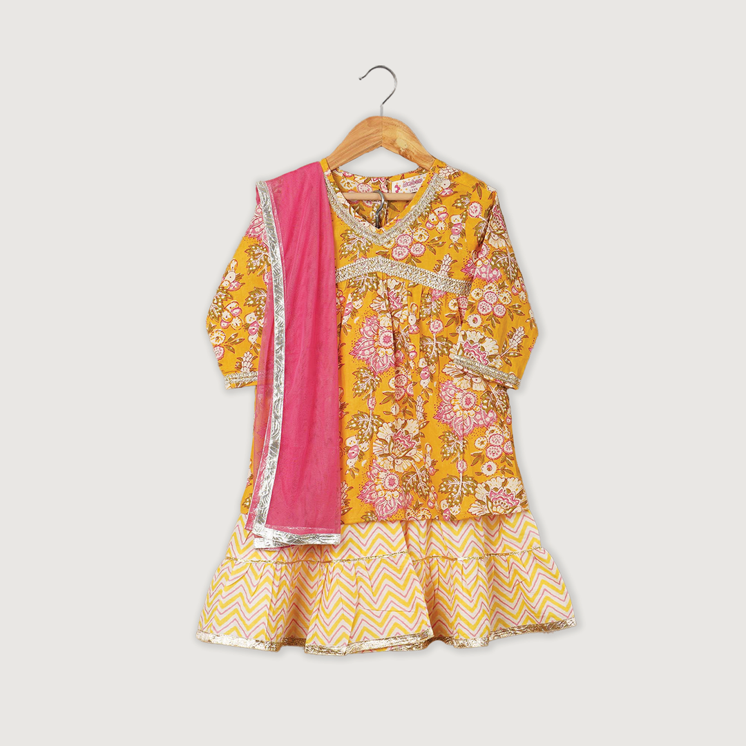 GIRLS YELLOW FLORAL KURTI WITH YELLOW LEHERIYA SHARARA AND DUPATTA (SET OF 3) - Amber Jaipur - Designer Clothes Online India