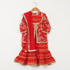 GIRLS RED FLORAL YOKE KURTI WITH LEHERIYA SHARARA AND DUPATTA (SET OF 3)