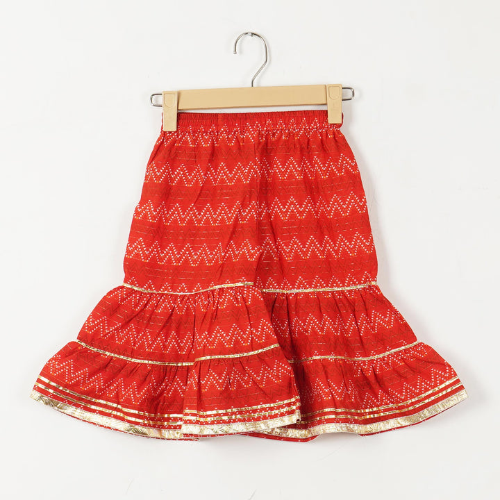 GIRLS RED FLORAL YOKE KURTI WITH LEHERIYA SHARARA AND DUPATTA (SET OF 3) - Amber Jaipur - Designer Clothes Online India