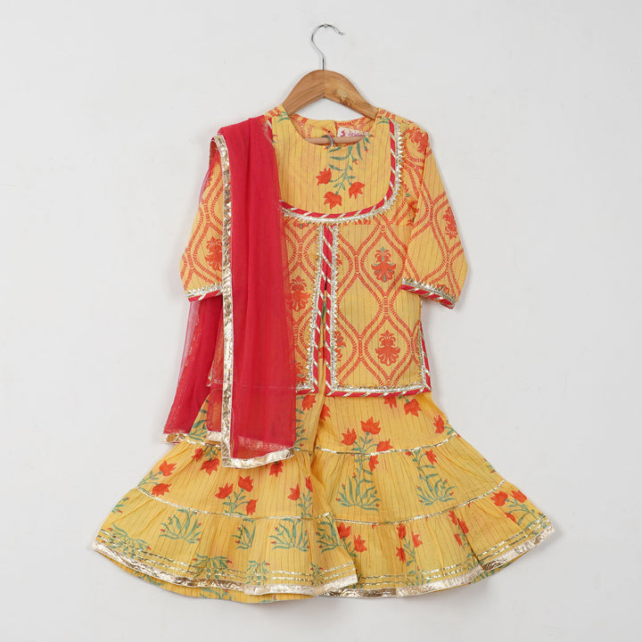 GIRLS YELLOW FLORAL YOKE KURTI WITH YELLOW FLORAL SHARARA AND DUPATTA (SET OF 3)