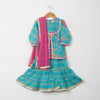 GIRLS BLUE FLORAL YOKE KURTI WITH BLUE LEHERIYA SHARARA AND DUPATTA (SET OF 3)