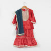 GIRLS CORAL RED VELVET KURTI WITH VELVET SHARARA AND DUPATTA (SET OF 3)