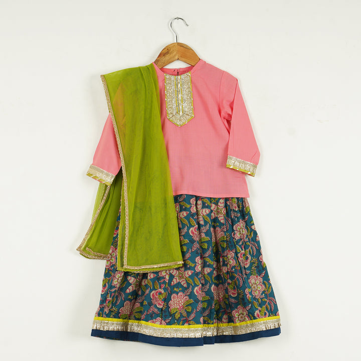 Pink Kurti with Gota Lace and Green Floral Lehenga and Dupatta - Amber Jaipur - Designer Clothes Online India