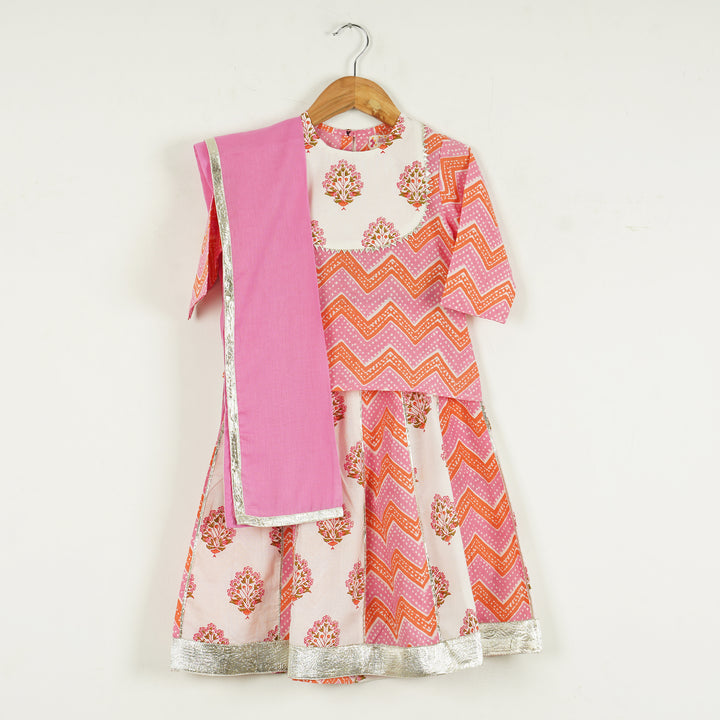 Pink Mul Cotton Kurti with Kalidar Leheriya Lehenga and Dupatta - Amber Jaipur - Designer Clothes Online India
