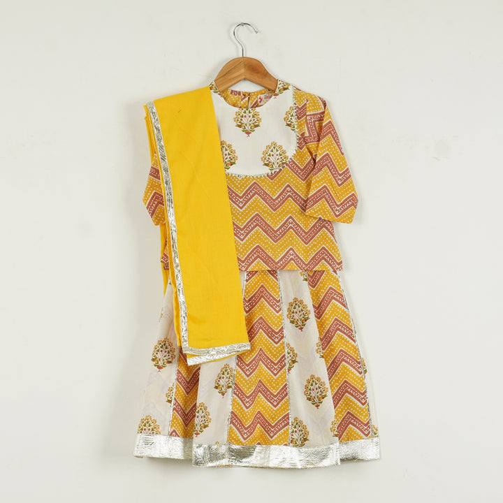 Yellow Mul Cotton Kurti with Kalidar Leheriya Lehenga and Dupatta - Amber Jaipur - Designer Clothes Online India