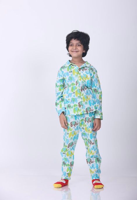 GREEN BLUE ELEPHANT PRINT NIGHT SUIT (SET OF 2) - Amber Jaipur - Designer Clothes Online India