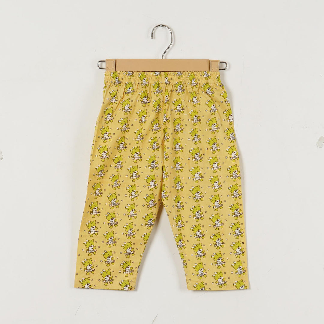 YELLOW GREEN BEAR PRINT NIGHT SUIT (SET OF 2) - Amber Jaipur - Designer Clothes Online India