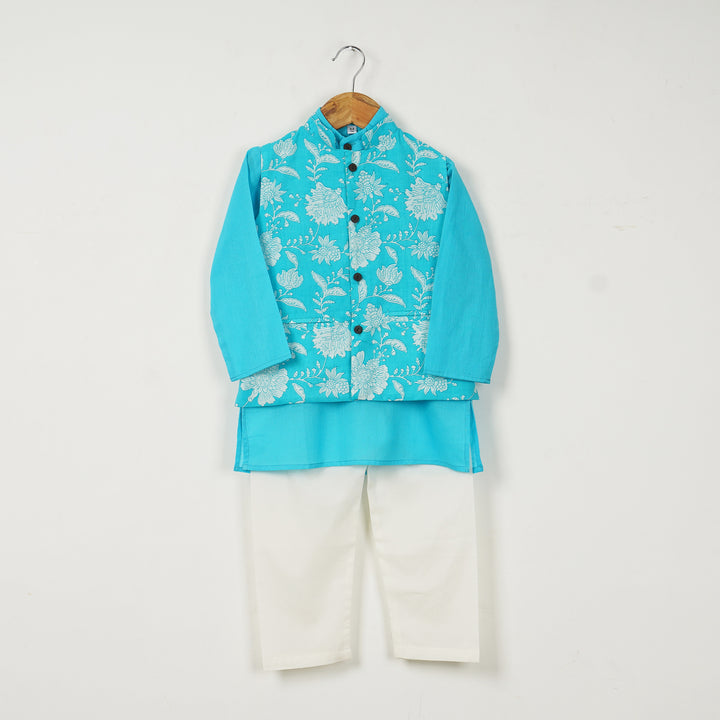 Blue Kurta with Blue Floral Jacket and Off White Pajama - Amber Jaipur - Designer Clothes Online India