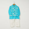 Blue Kurta with Blue Floral Jacket and Off White Pajama