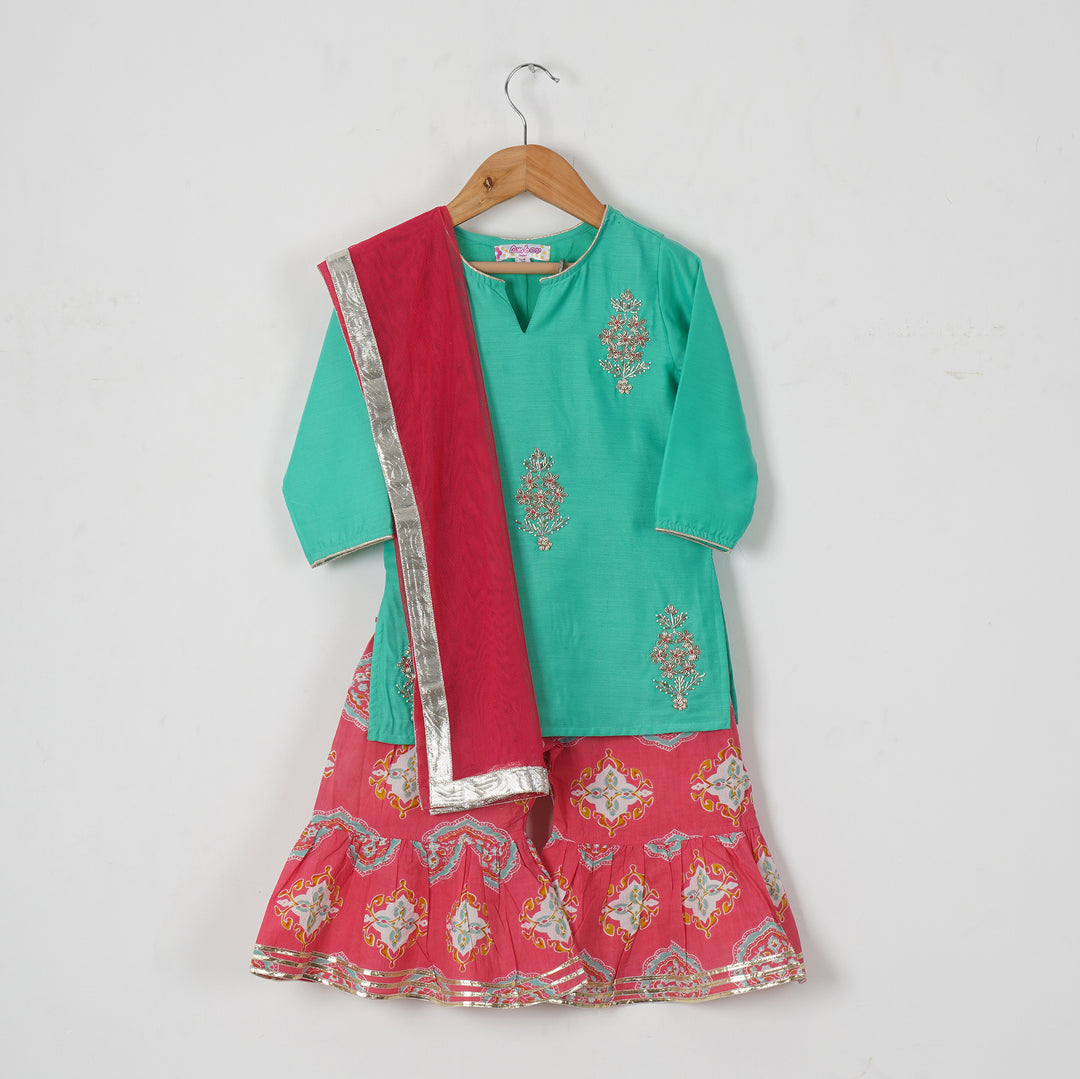 Zardozi Handwork Green Kurti with Pink Floral Sharara and Dupatta - Amber Jaipur - Designer Clothes Online India
