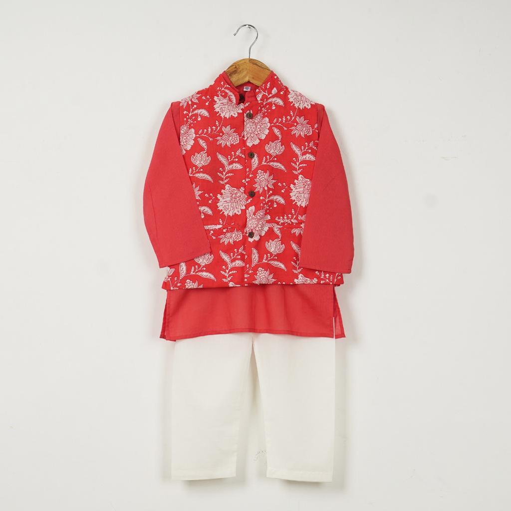 Red Kurta with Red Floral Jacket and Off White Pajama - Amber Jaipur - Designer Clothes Online India
