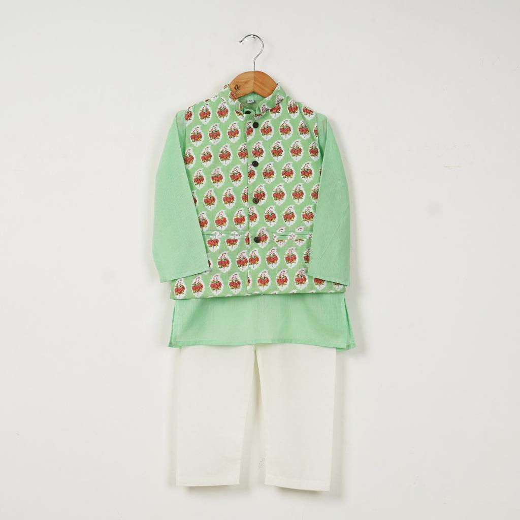 Green Kurta with Green Orange Floral Jacket and Off White Pajama - Amber Jaipur - Designer Clothes Online India