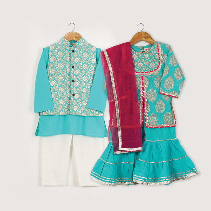 GIRLS BLUE FLORAL YOKE KURTI WITH BLUE SHARARA AND DUPATTA (SET OF 3) + BOYS BLUE KURTA WITH BLUE GOLD PRINT FLORAL JACKET AND OFF WHITE PAJAMA (SET OF 3) - Amber Jaipur - Designer Clothes Online India